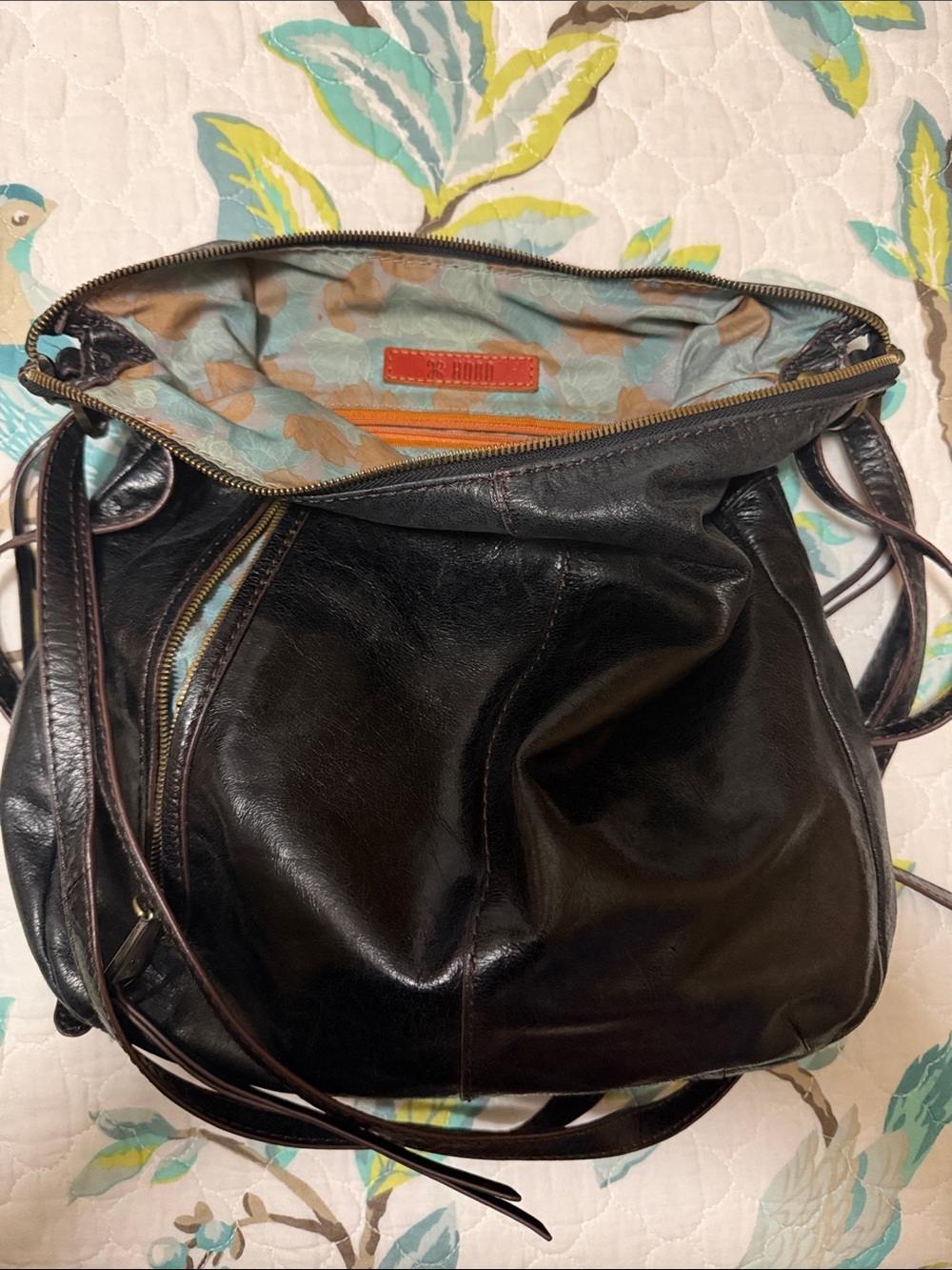 HOBO Black Leather Hobo Bag with Teal Floral Lining